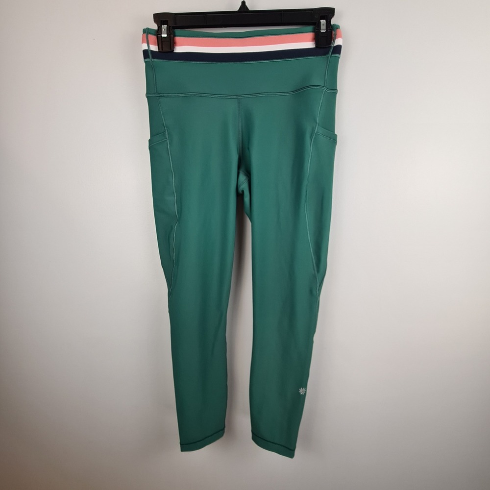 Athleta Interval Stash 7/8 Stripe Tight Green High Rise Leggings Small Workout